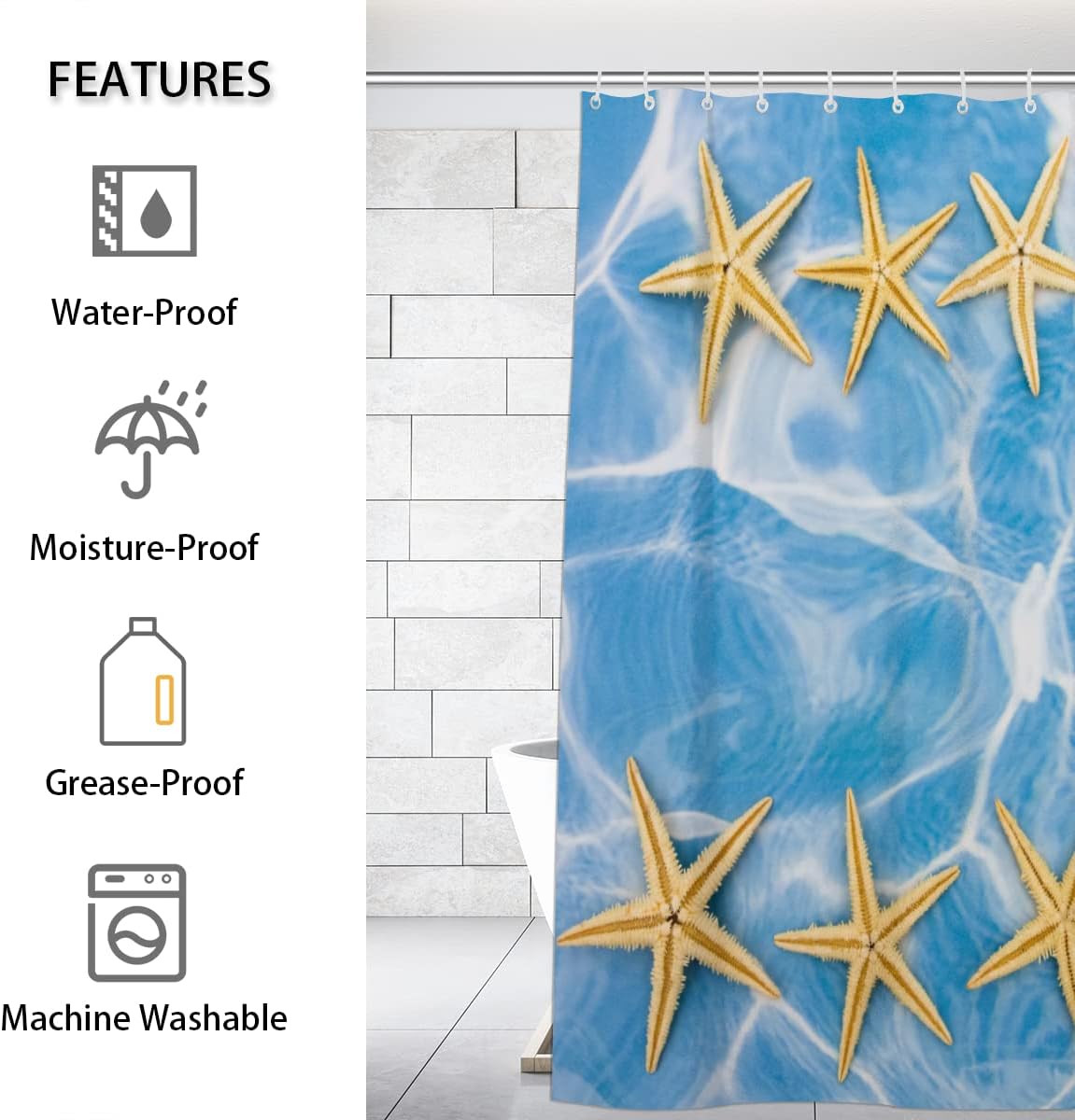 Summer Beach Vacation Seashell and Starfish Print Shower Curtain for Bathroom Fabric Home Decor