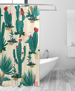 Summer Cactus Print Waterproof Fabric Shower Curtain for Bathroom Decoration