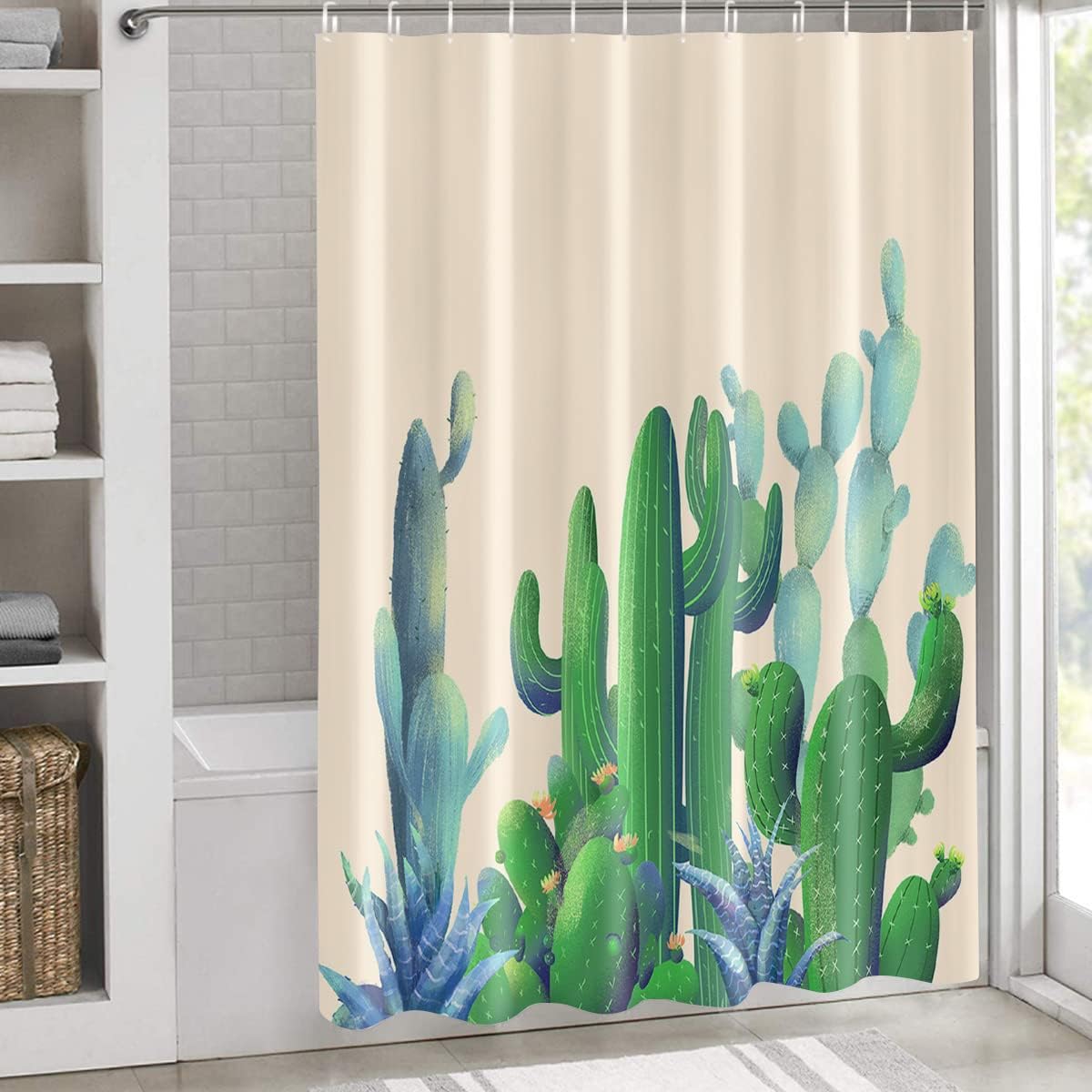 Summer Cactus Shower Curtain, Tropical Desert Plant Bathroom Decor with Quick-Drying Fabric