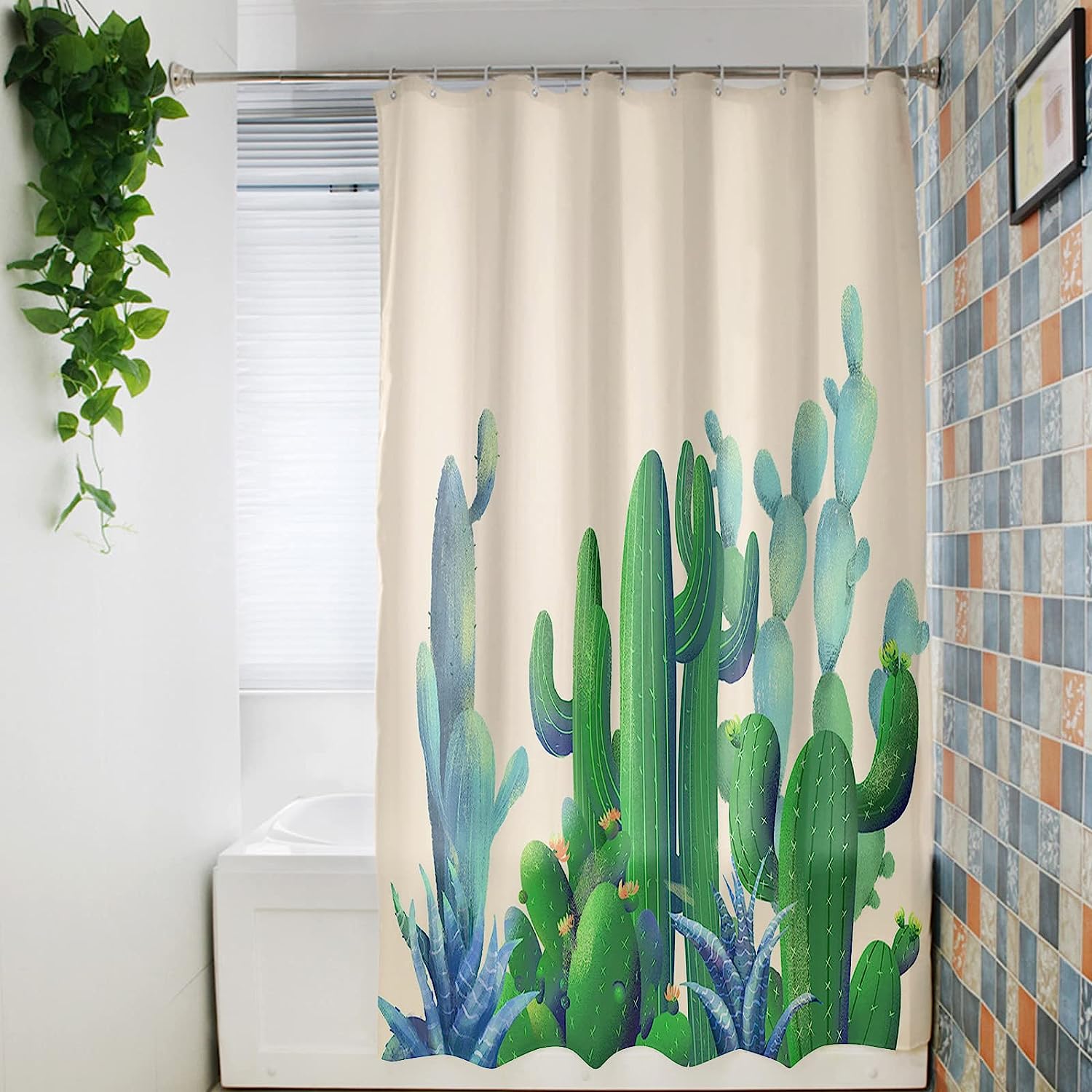 Summer Cactus Shower Curtain, Tropical Desert Plant Bathroom Decor with Quick-Drying Fabric