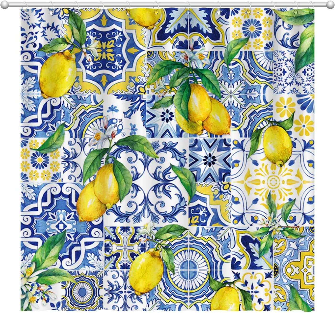 Summer Fruit Lemon Shower Curtain With Blue Tiles Chic Decoration By Allenjoy - Washable And Soft Fabric
