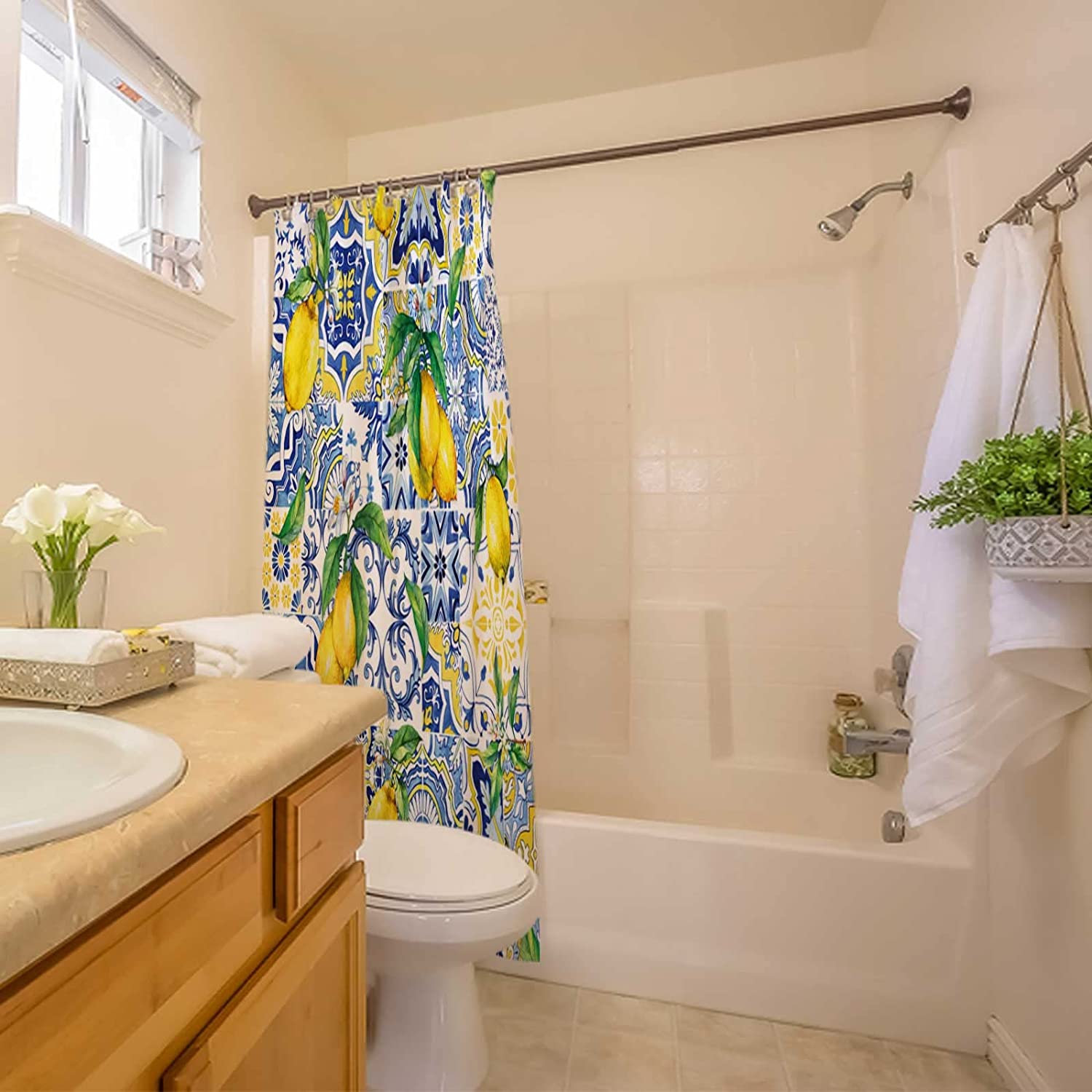 Summer Fruit Lemon Shower Curtain With Blue Tiles Chic Decoration By Allenjoy - Washable And Soft Fabric - Image 2