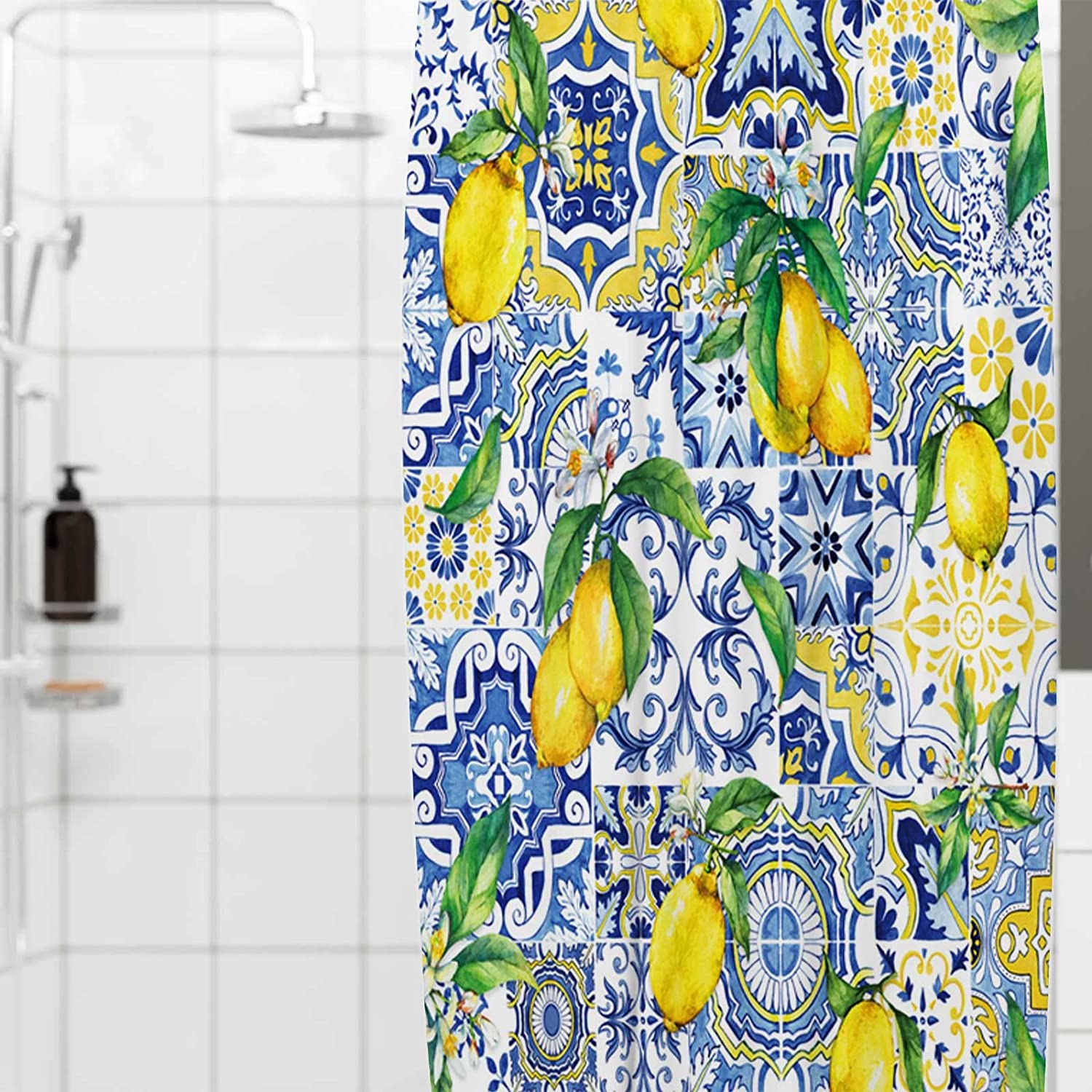 Summer Fruit Lemon Shower Curtain With Blue Tiles Chic Decoration By Allenjoy - Washable And Soft Fabric - Image 3