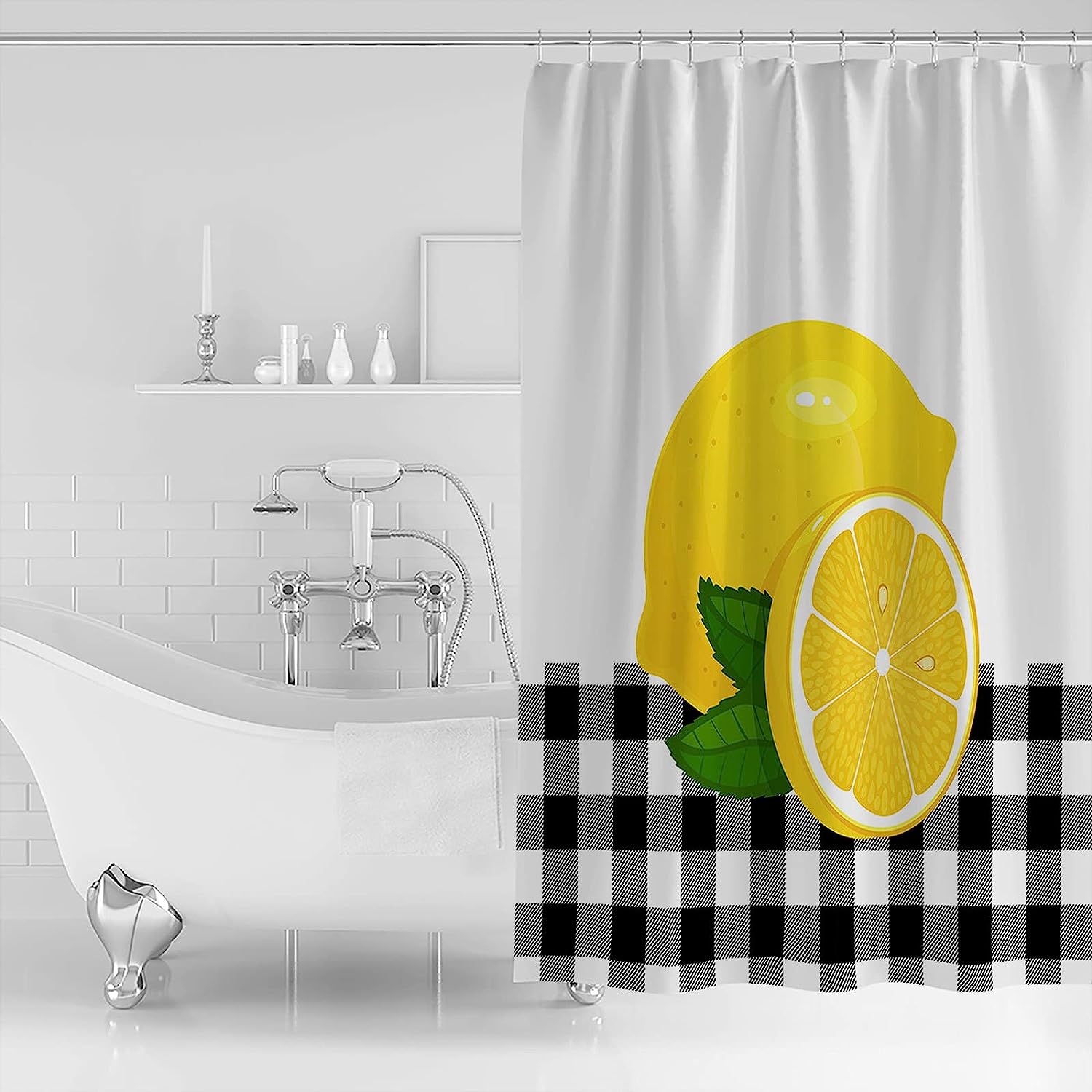 Summer Fruit Yellow Lemon Black White Buffalo Plaid Decorative Shower Curtain for Bathroom