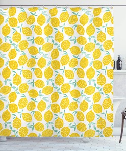 Summer Fruit and Doodle Lemon Pattern Shower Curtain, Cloth Fabric Bathroom Decor in Mint