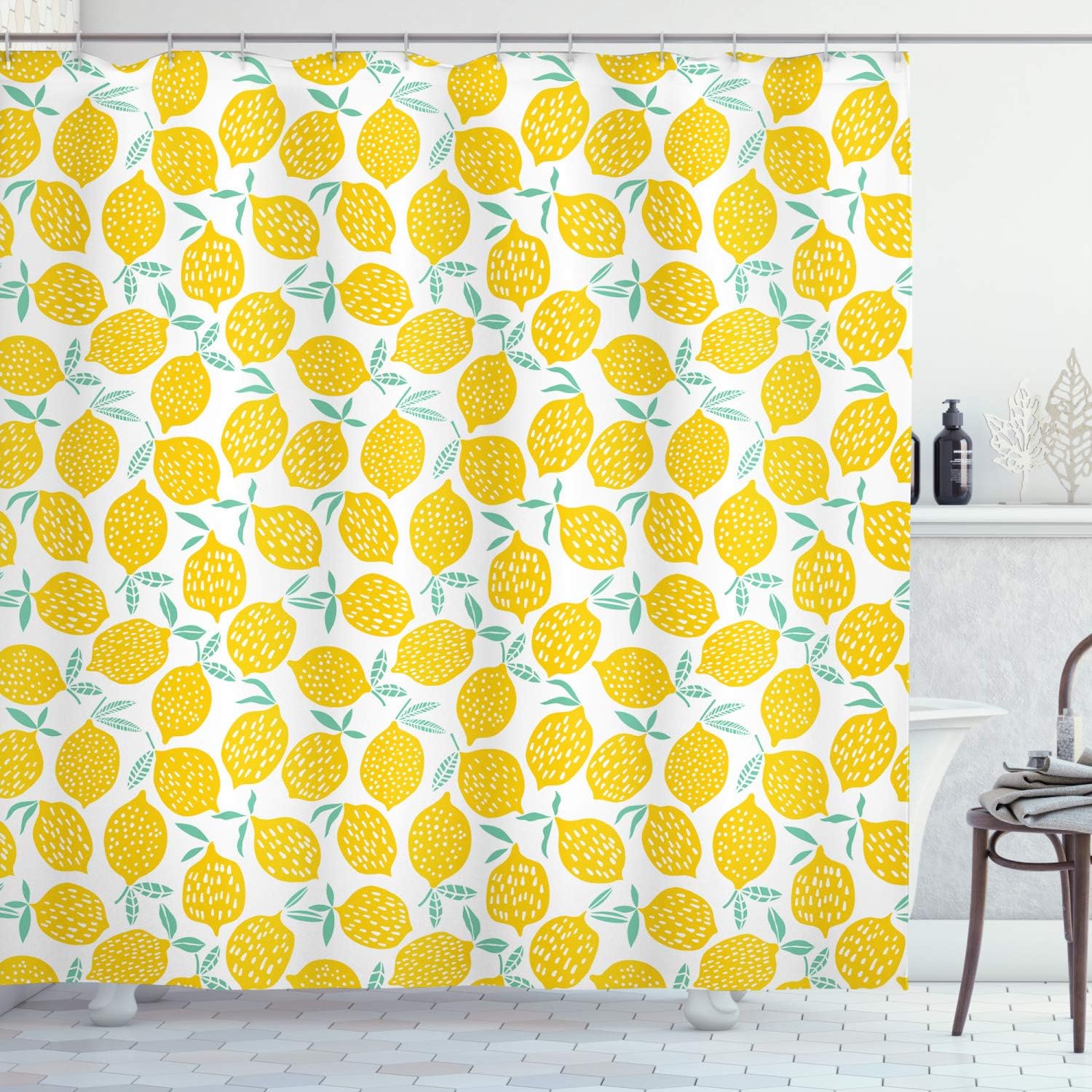 Summer Fruit and Doodle Lemon Pattern Shower Curtain, Cloth Fabric Bathroom Decor in Mint