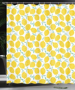 Summer Fruit and Doodle Lemon Pattern Shower Curtain, Cloth Fabric Bathroom Decor in Mint
