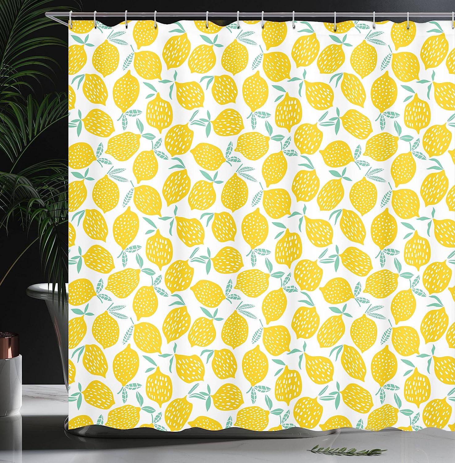Summer Fruit and Doodle Lemon Pattern Shower Curtain, Cloth Fabric Bathroom Decor in Mint