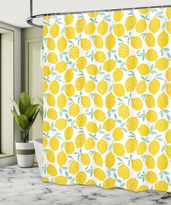 Summer Fruit and Doodle Lemon Pattern Shower Curtain, Cloth Fabric Bathroom Decor in Mint