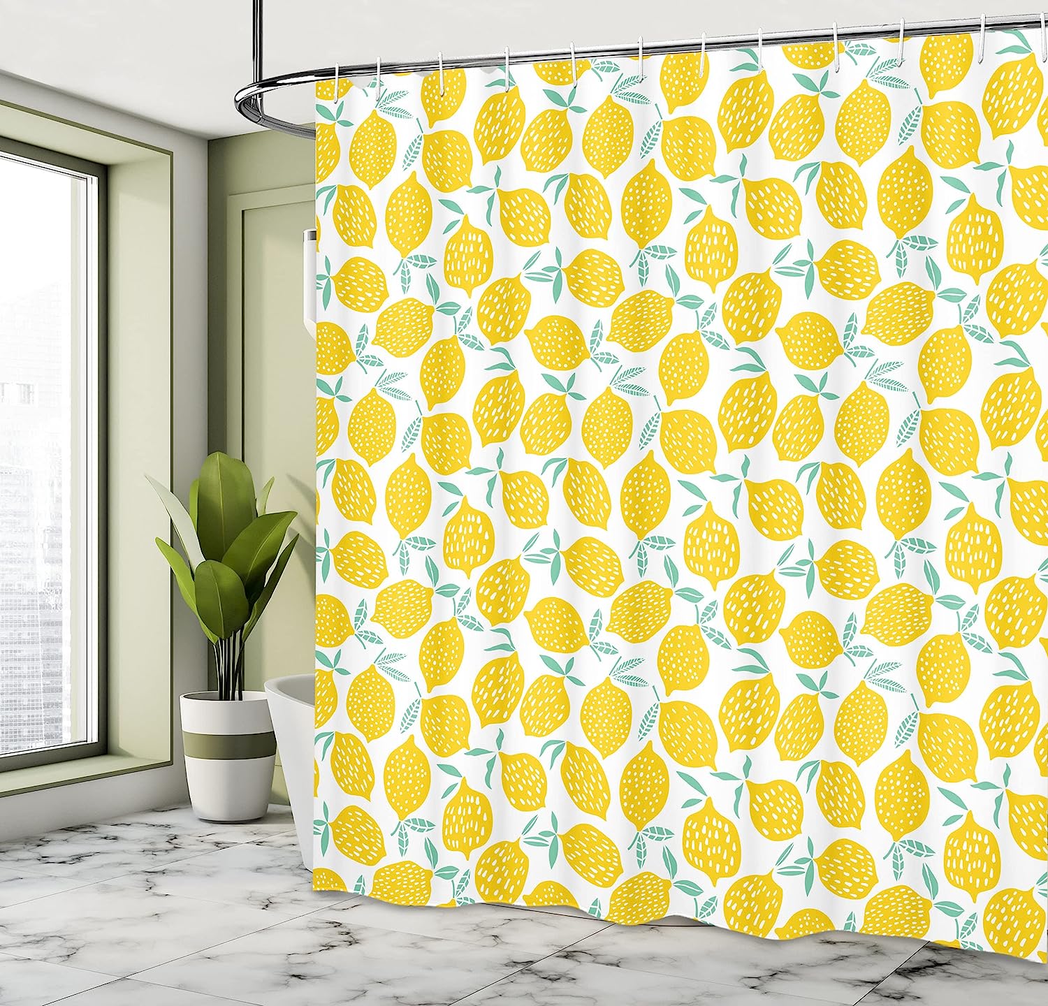 Summer Fruit and Doodle Lemon Pattern Shower Curtain, Cloth Fabric Bathroom Decor in Mint
