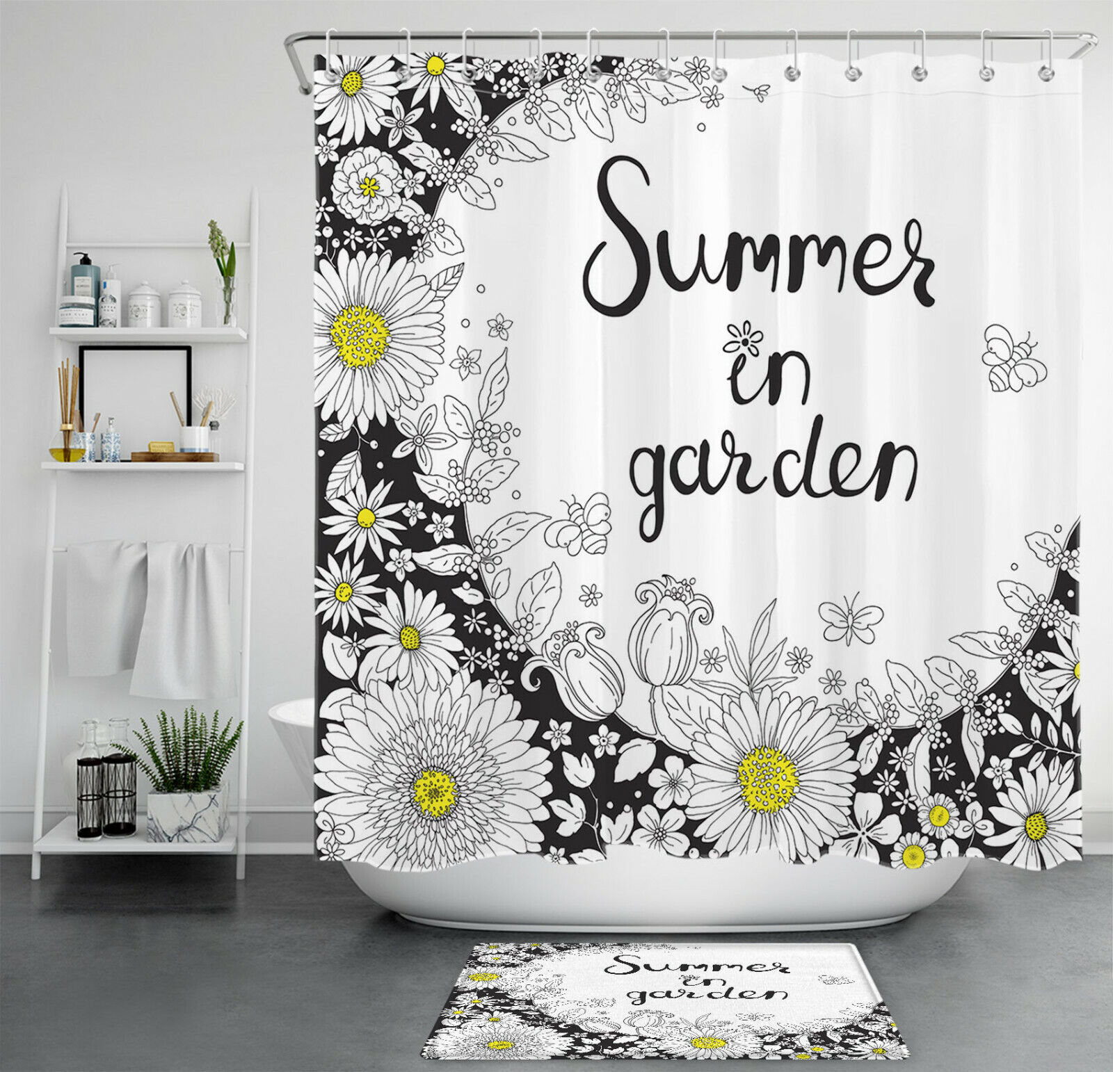 Summer Garden Flowers Black And White Shower Curtain For Bathroom