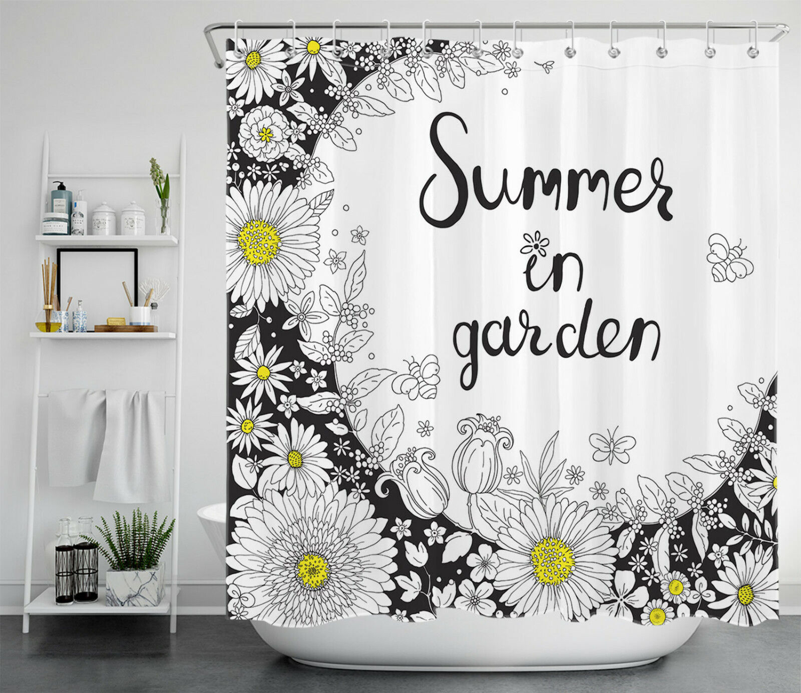Summer Garden Flowers Black And White Shower Curtain For Bathroom - Image 2
