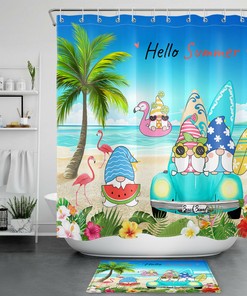 Summer Gnomes And Flamingos Cartoon Funny Shower Curtain For Bathroom Decor