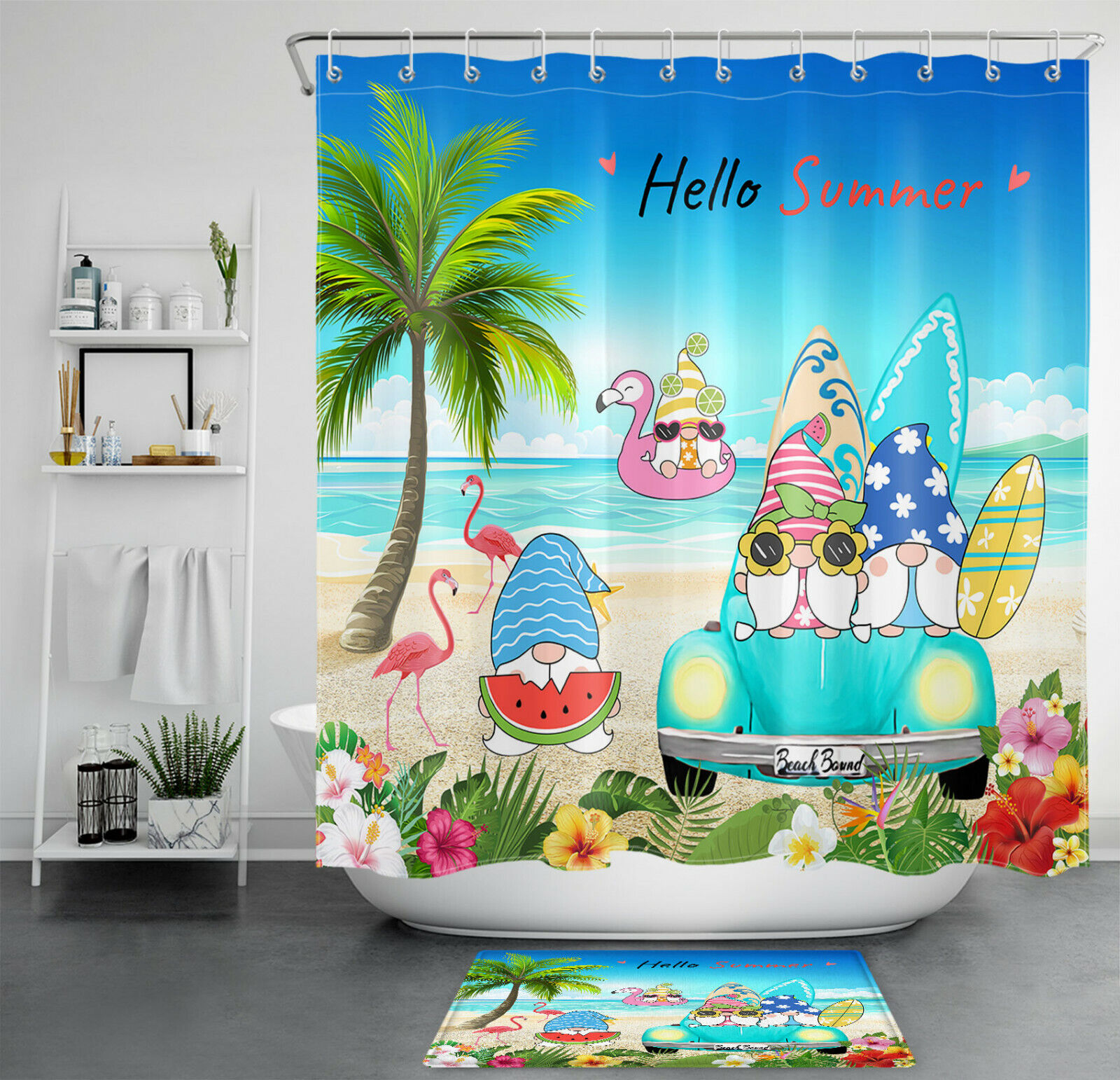 Summer Gnomes And Flamingos Cartoon Funny Shower Curtain For Bathroom Decor