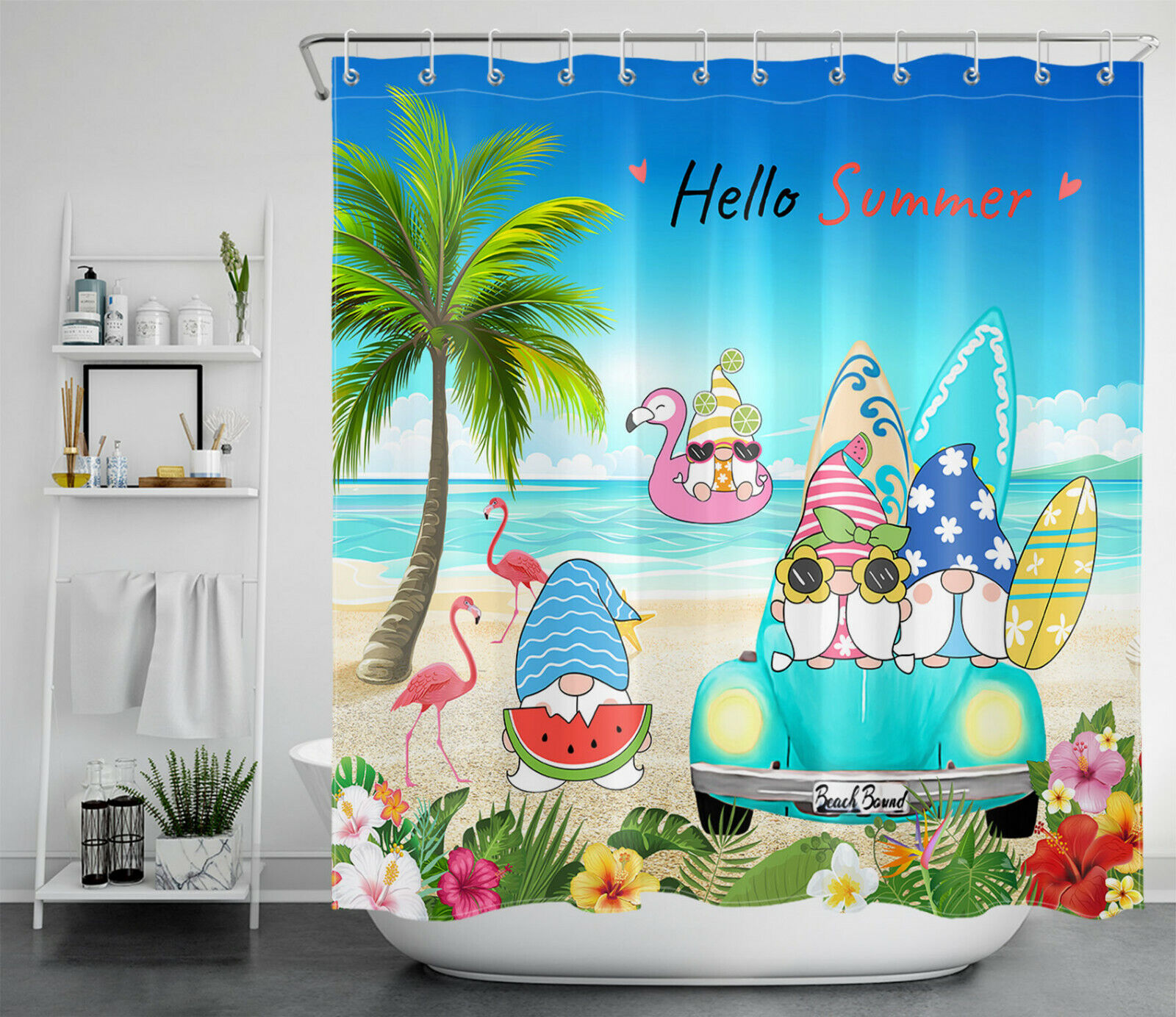 Summer Gnomes And Flamingos Cartoon Funny Shower Curtain For Bathroom Decor