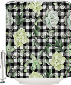 Summer Green Plant Leaves Shower Curtain with Succulent, Plaid, and Full Size Decorative Bathroom Accessories