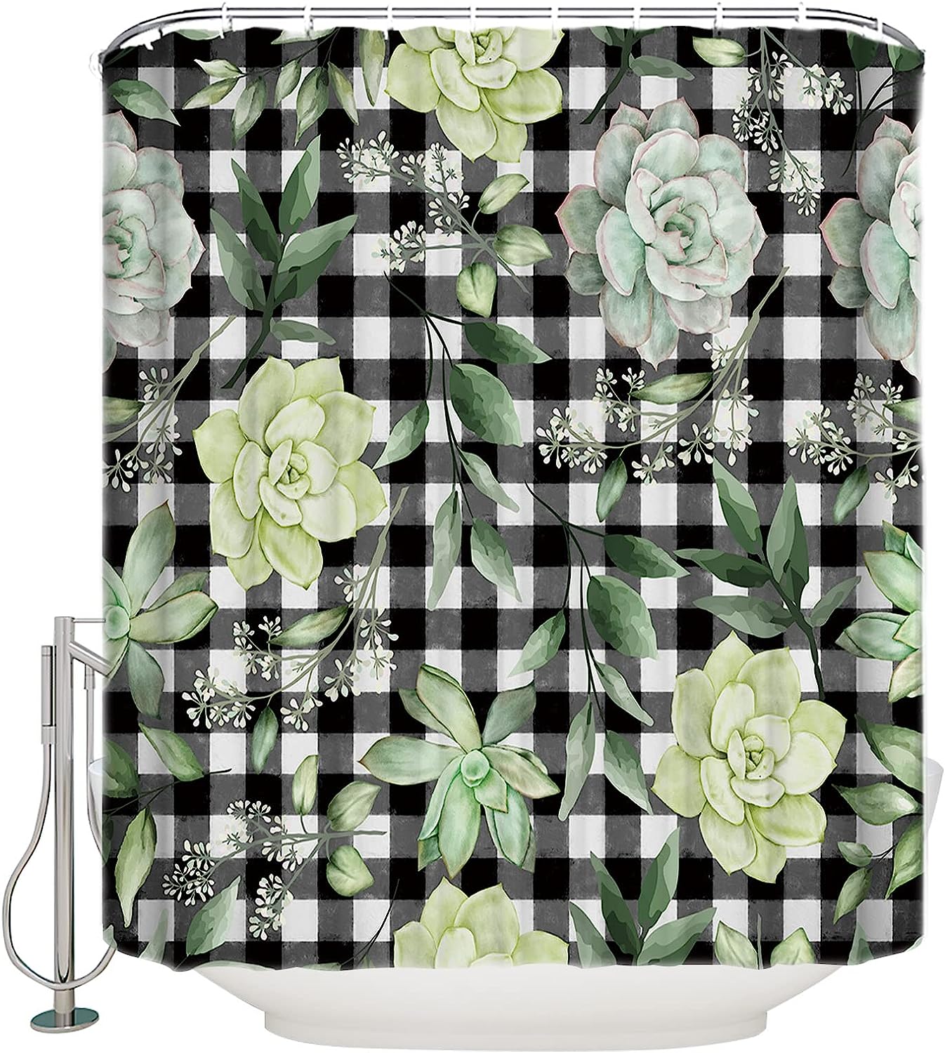 Summer Green Plant Leaves Shower Curtain with Succulent, Plaid, and Full Size Decorative Bathroom Accessories