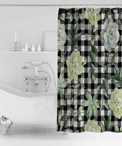 Summer Green Plant Leaves Shower Curtain with Succulent, Plaid, and Full Size Decorative Bathroom Accessories