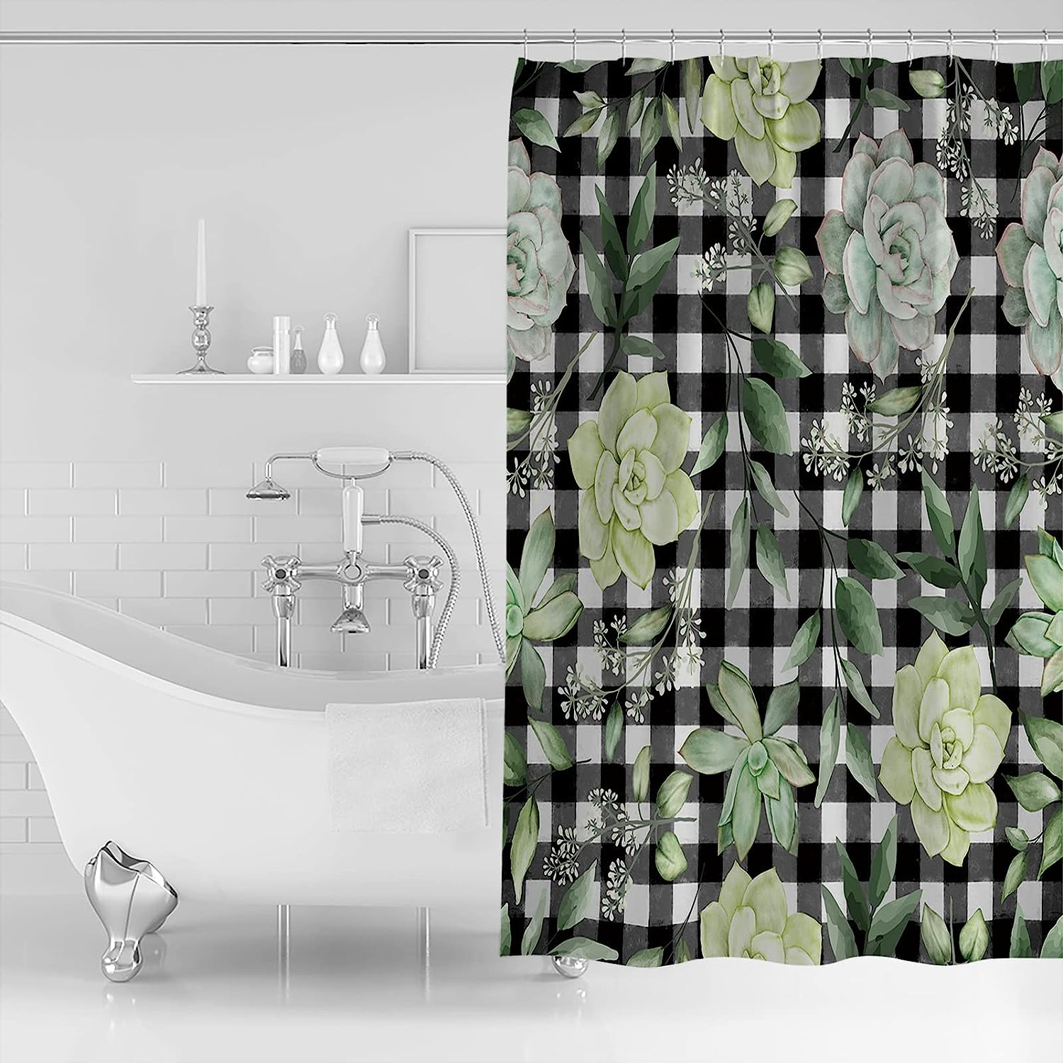 Summer Green Plant Leaves Shower Curtain with Succulent, Plaid, and Full Size Decorative Bathroom Accessories