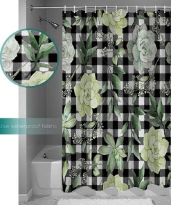 Summer Green Plant Leaves Shower Curtain with Succulent, Plaid, and Full Size Decorative Bathroom Accessories