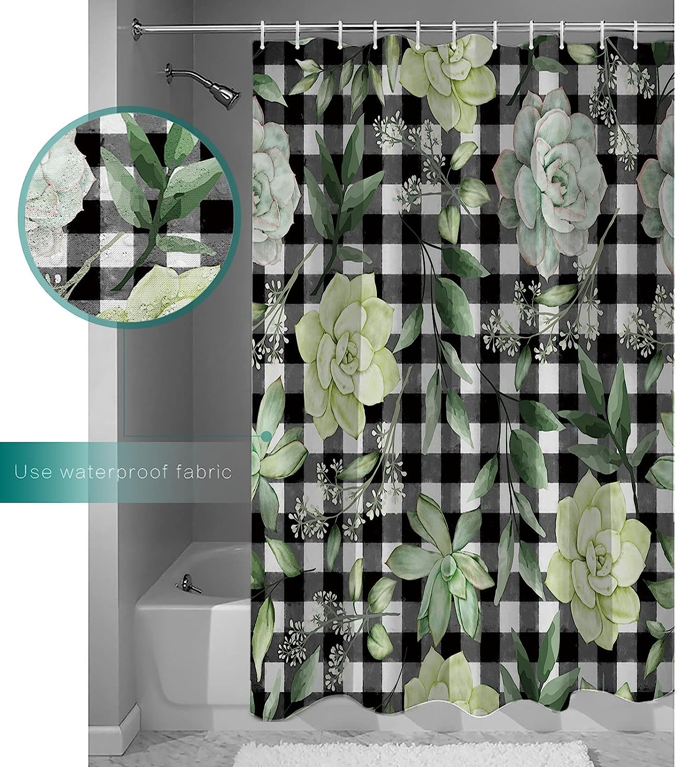 Summer Green Plant Leaves Shower Curtain with Succulent, Plaid, and Full Size Decorative Bathroom Accessories