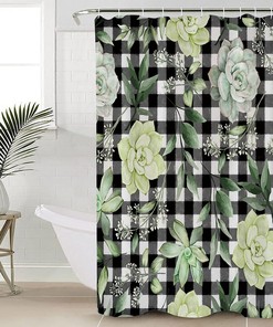 Summer Green Plant Leaves Shower Curtain with Succulent, Plaid, and Full Size Decorative Bathroom Accessories