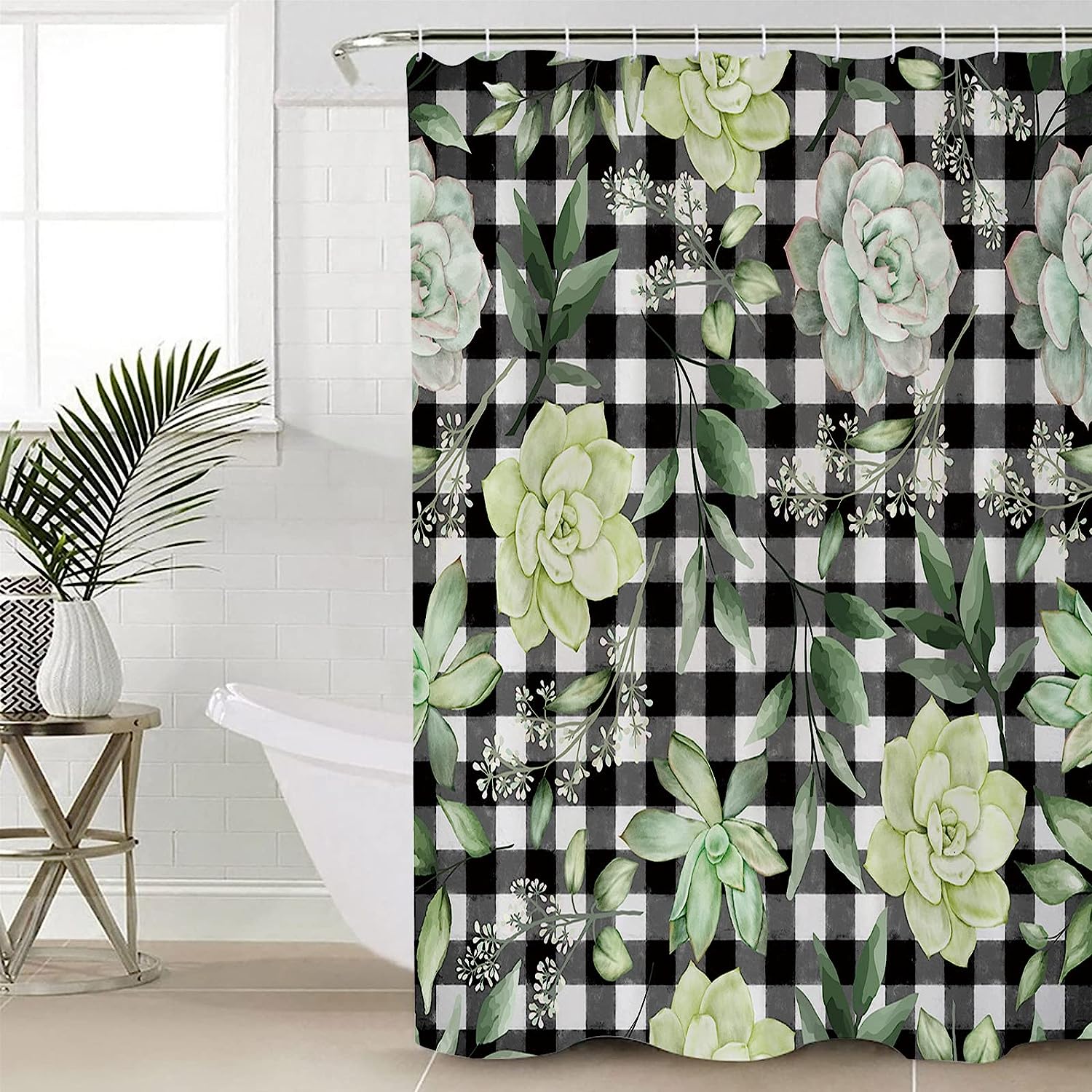 Summer Green Plant Leaves Shower Curtain with Succulent, Plaid, and Full Size Decorative Bathroom Accessories