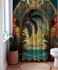 Summer Heat Tropical Art Deco Floral Chic Shower Curtain, perfect Housewarming Gift with Bathroom Theme