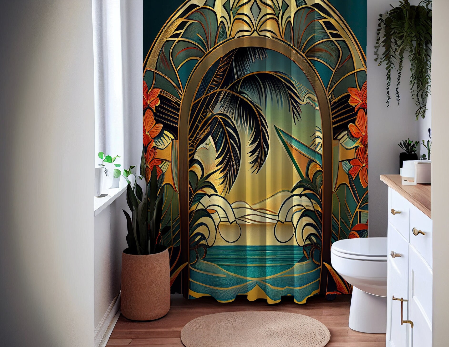 Summer Heat Tropical Art Deco Floral Chic Shower Curtain, perfect Housewarming Gift with Bathroom Theme
