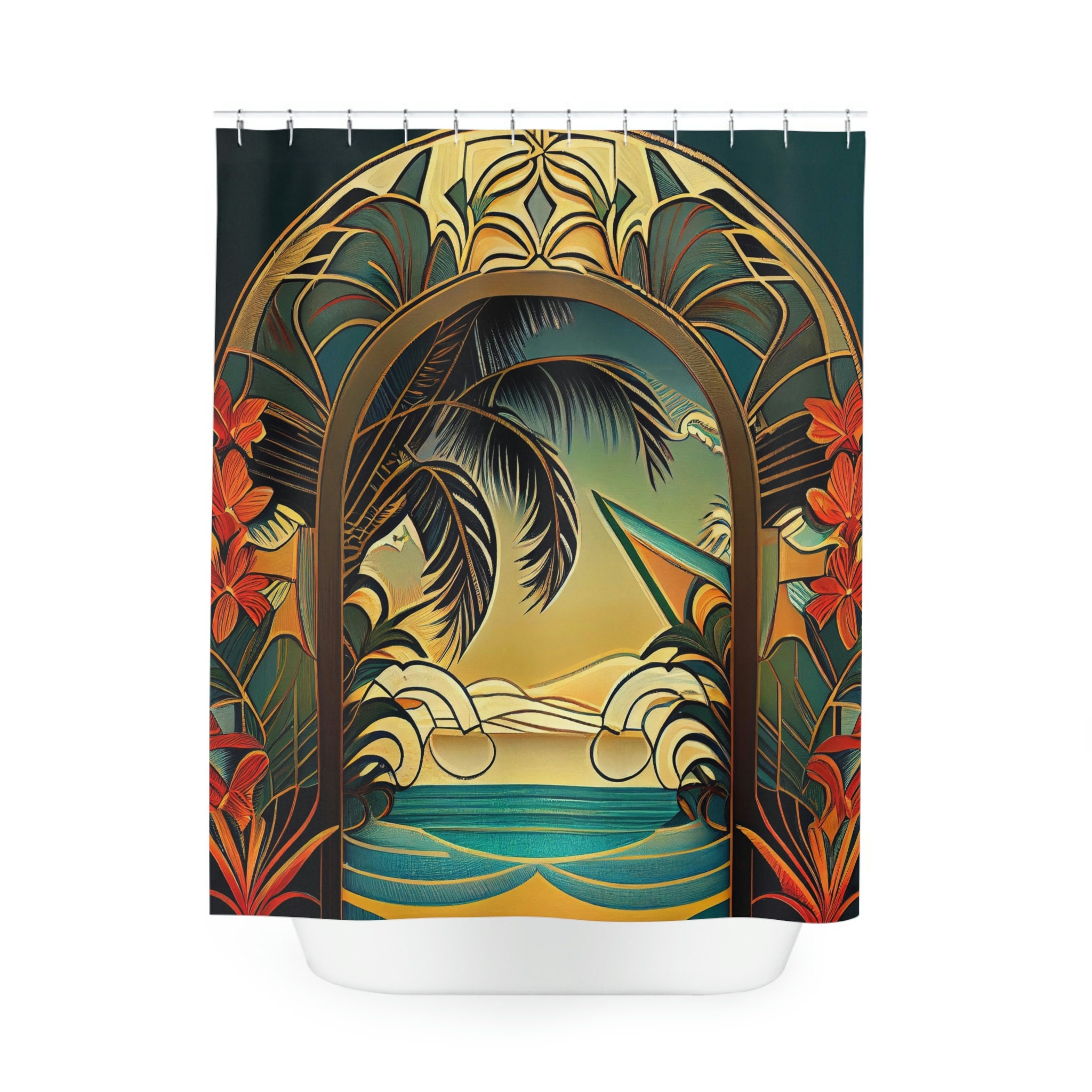 Summer Heat Tropical Art Deco Floral Chic Shower Curtain, perfect Housewarming Gift with Bathroom Theme