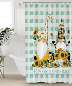 Summer Hello Sunflower Gnome Aqua Plaid Shower Curtain with Fun and Vibrant Design for a Nature-Themed Bathroom