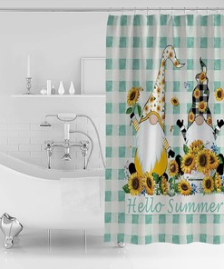 Summer Hello Sunflower Gnome Aqua Plaid Shower Curtain with Fun and Vibrant Design for a Nature-Themed Bathroom