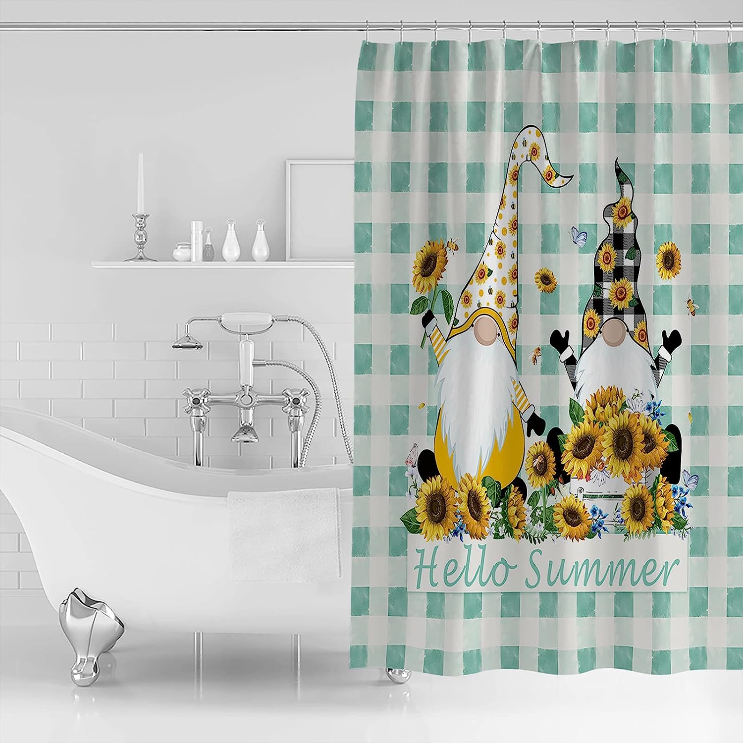 Summer Hello Sunflower Gnome Aqua Plaid Shower Curtain with Fun and Vibrant Design for a Nature-Themed Bathroom