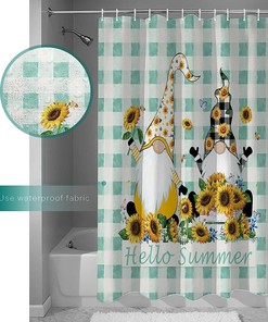Summer Hello Sunflower Gnome Aqua Plaid Shower Curtain with Fun and Vibrant Design for a Nature-Themed Bathroom