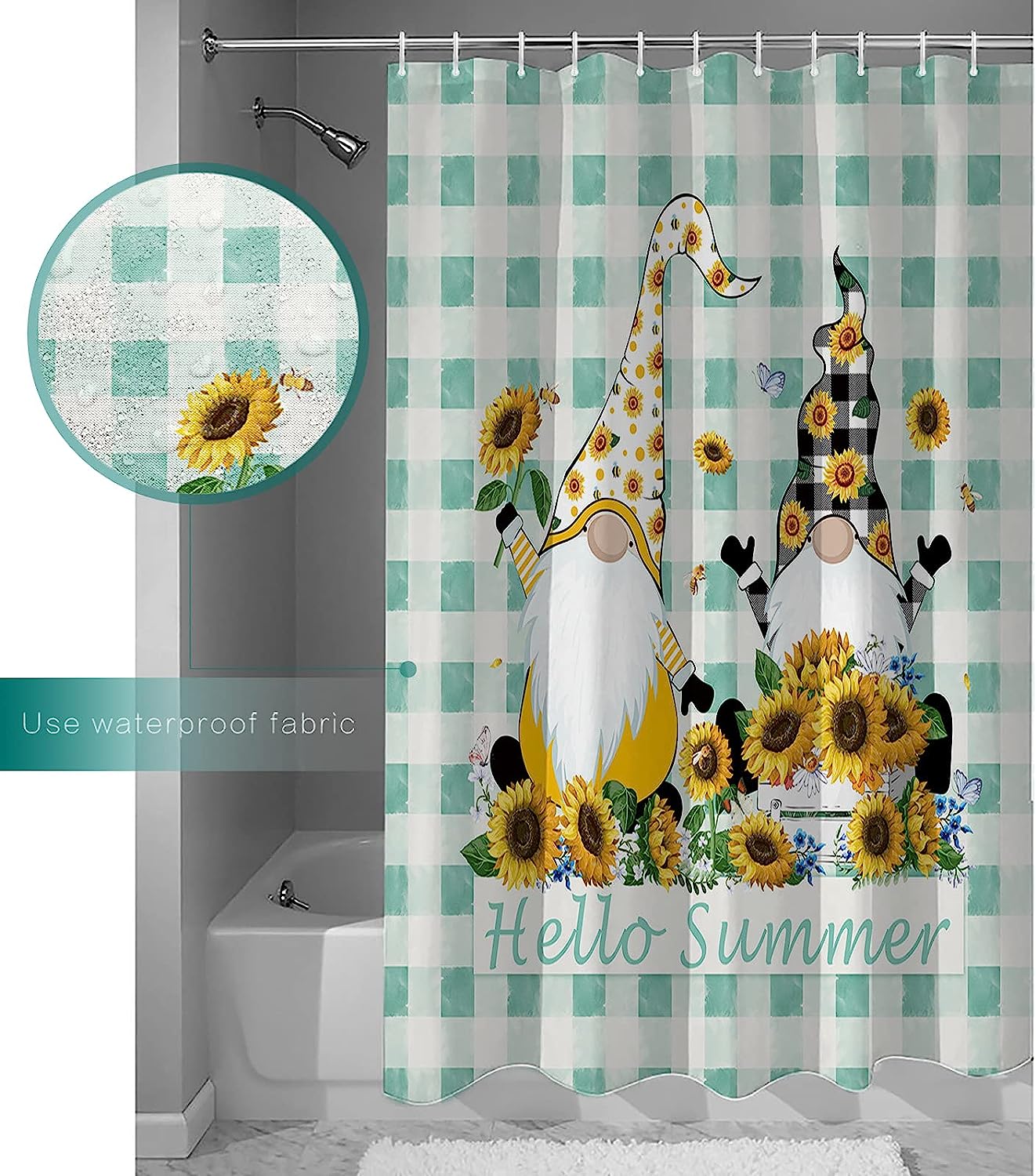 Summer Hello Sunflower Gnome Aqua Plaid Shower Curtain with Fun and Vibrant Design for a Nature-Themed Bathroom