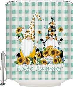 Summer Hello Sunflower Gnome Aqua Plaid Shower Curtain with Fun and Vibrant Design for a Nature-Themed Bathroom