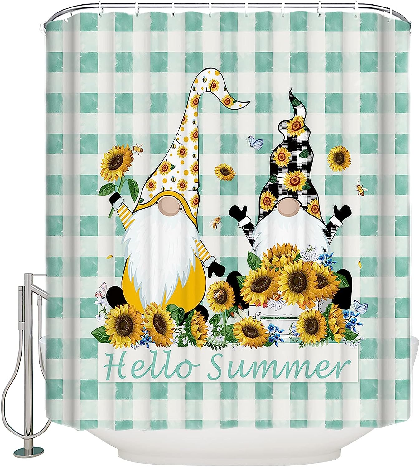 Summer Hello Sunflower Gnome Aqua Plaid Shower Curtain with Fun and Vibrant Design for a Nature-Themed Bathroom