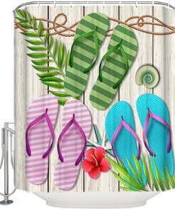 Summer Inspired: Palm Leaves Seashell Wood Grain Shower Curtain