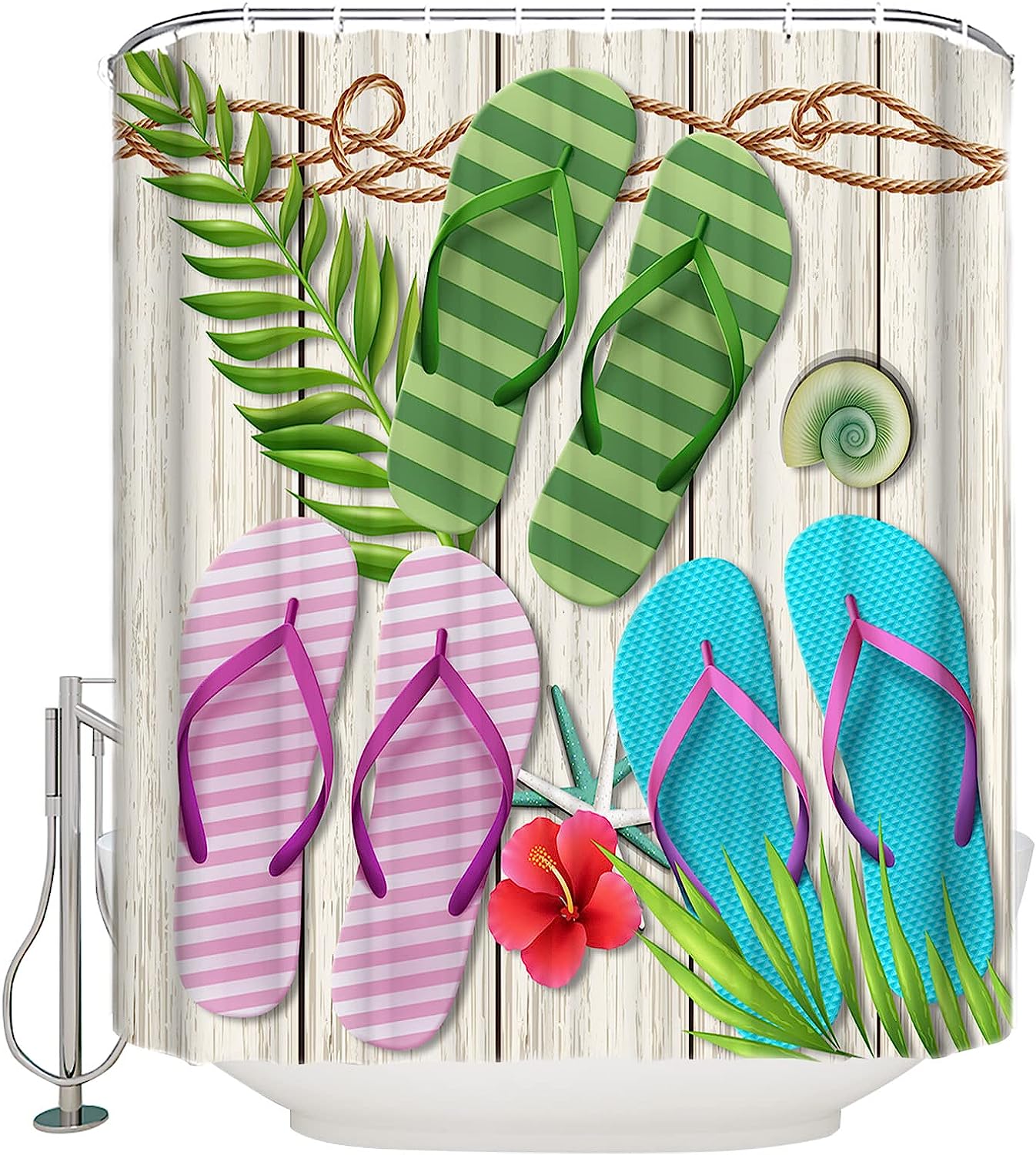 Summer Inspired: Palm Leaves Seashell Wood Grain Shower Curtain