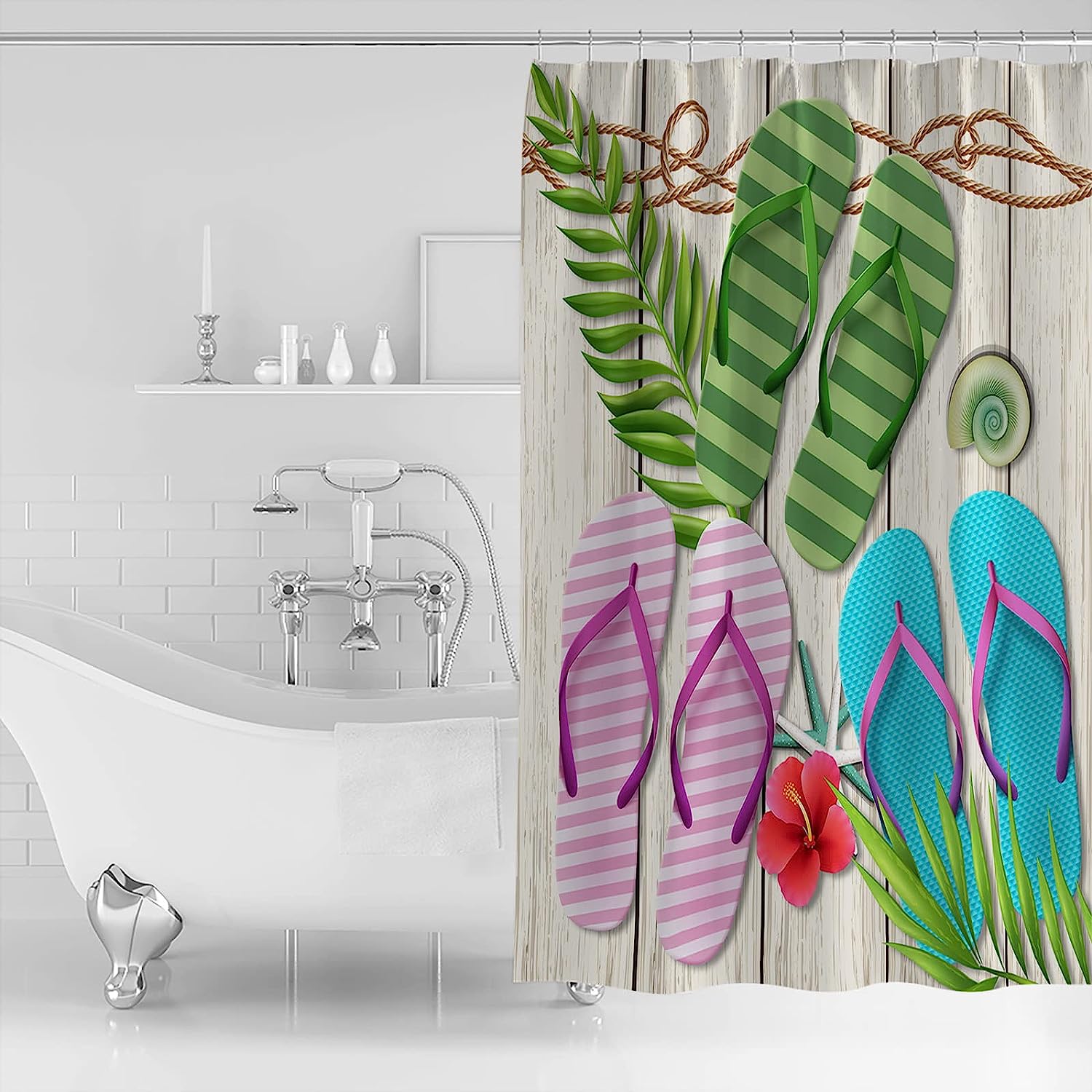 Summer Inspired: Palm Leaves Seashell Wood Grain Shower Curtain - Image 2