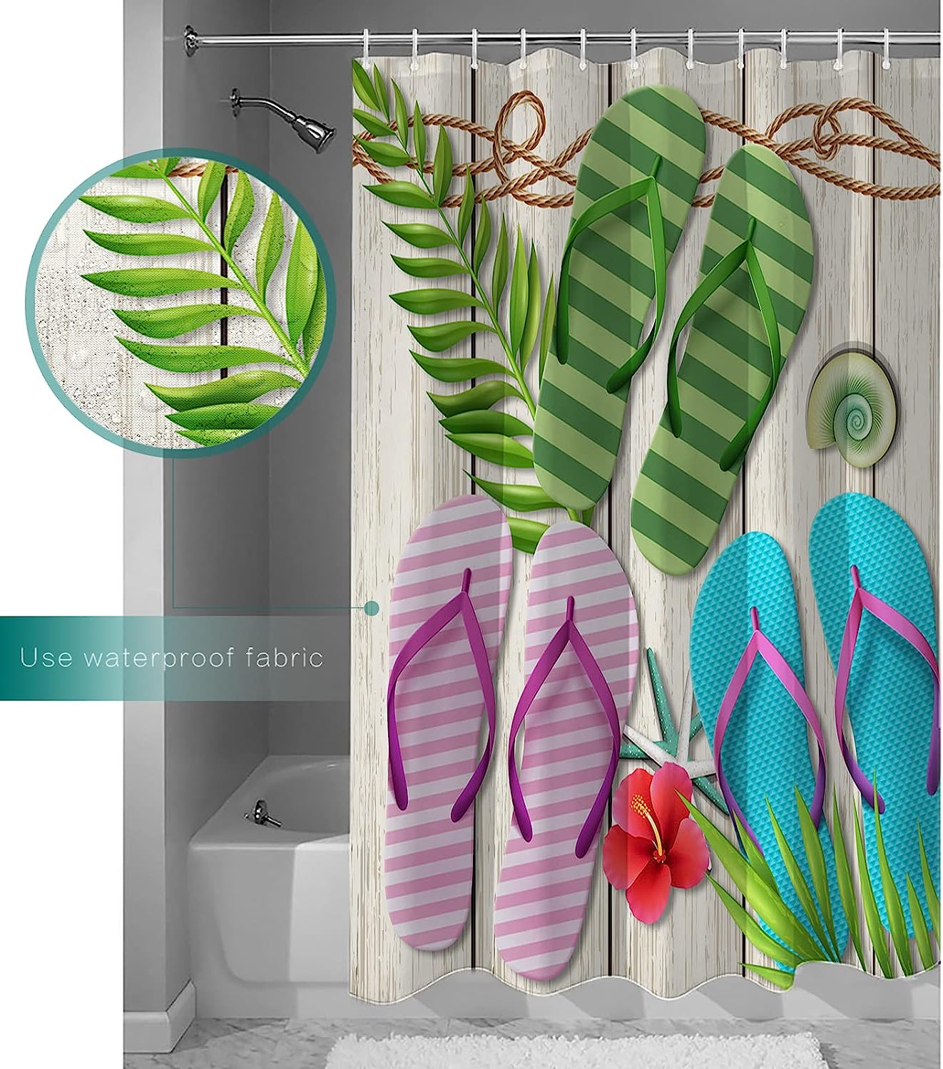 Summer Inspired: Palm Leaves Seashell Wood Grain Shower Curtain - Image 3