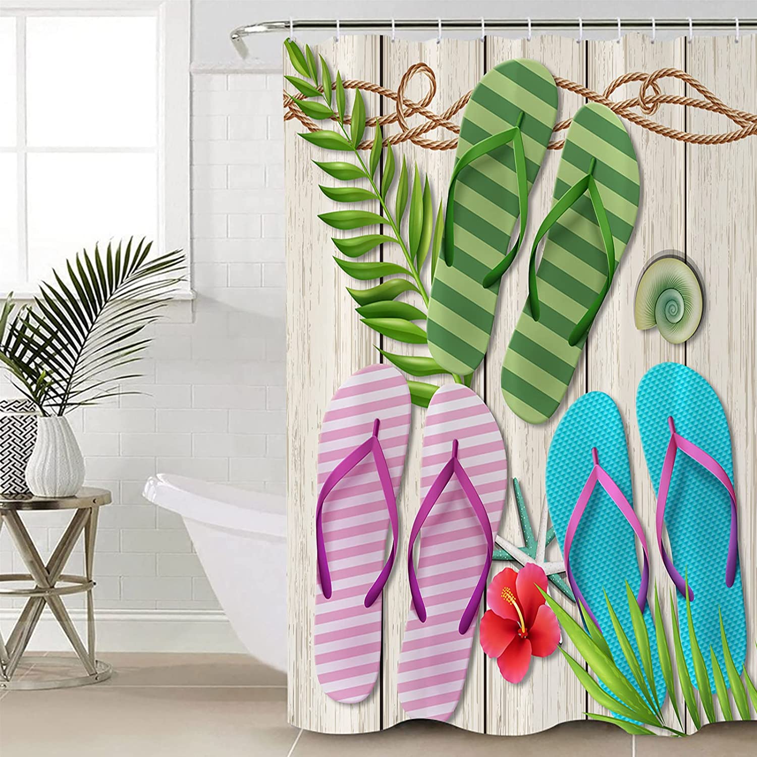 Summer Inspired: Palm Leaves Seashell Wood Grain Shower Curtain - Image 4