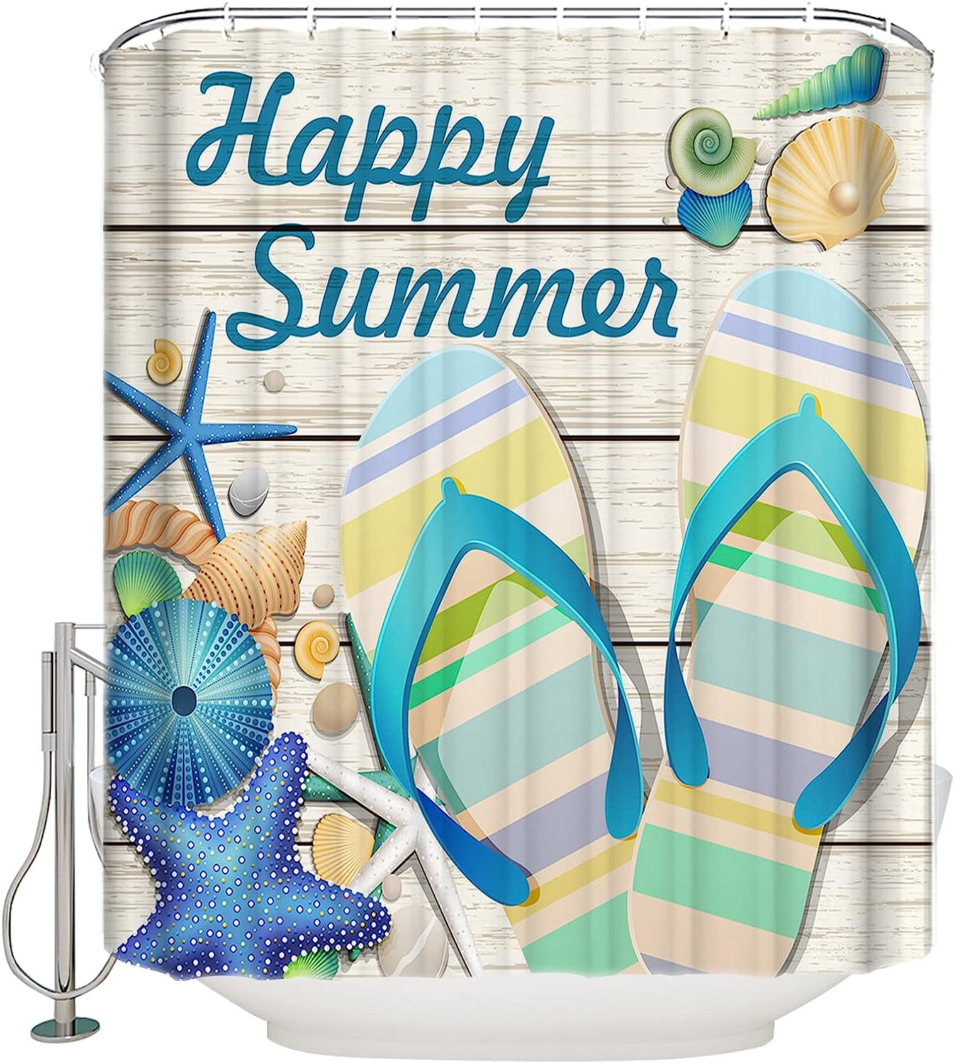 Summer Inspired: Seashell Starfish Urchin Wood Grain Shower Curtain