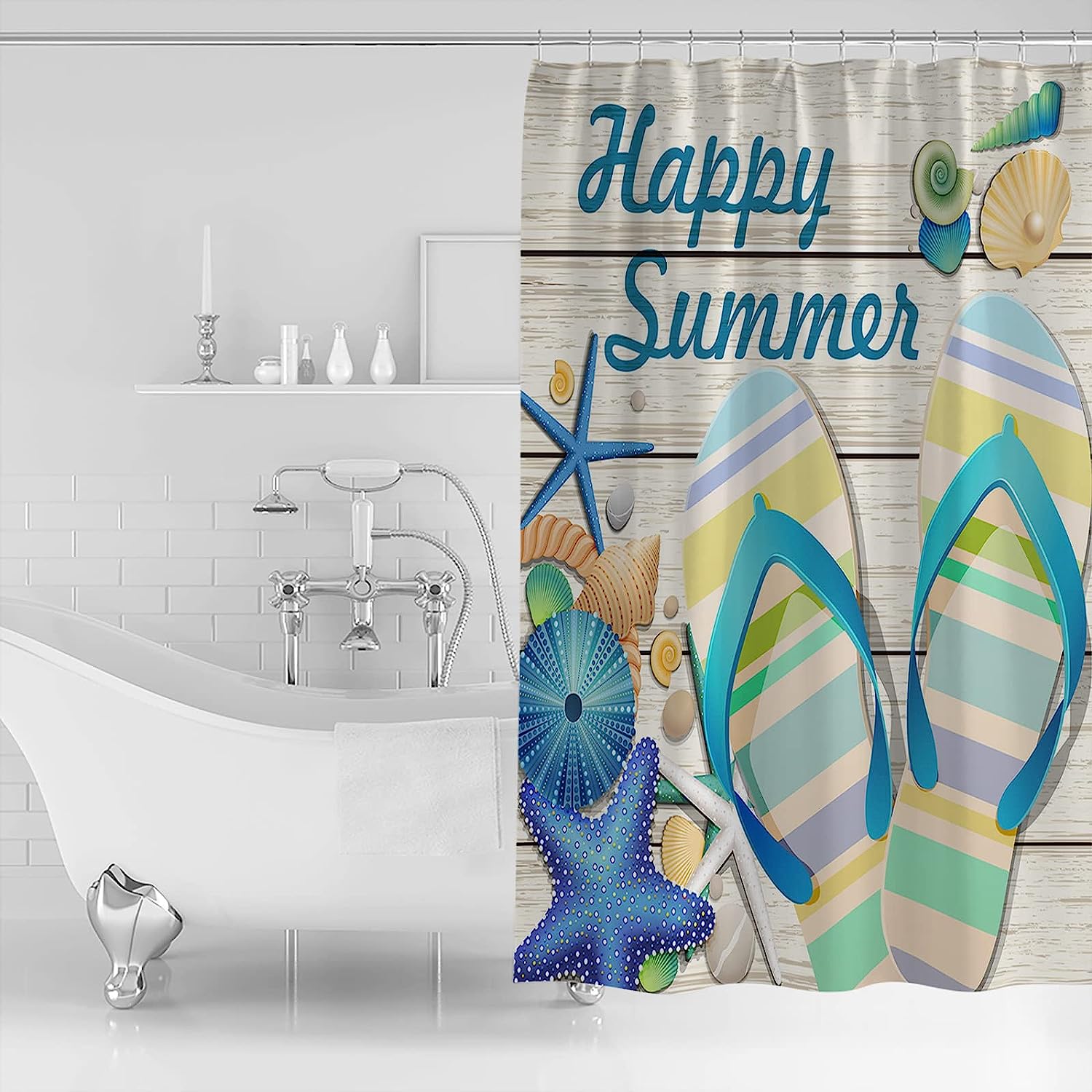 Summer Inspired: Seashell Starfish Urchin Wood Grain Shower Curtain - Image 2