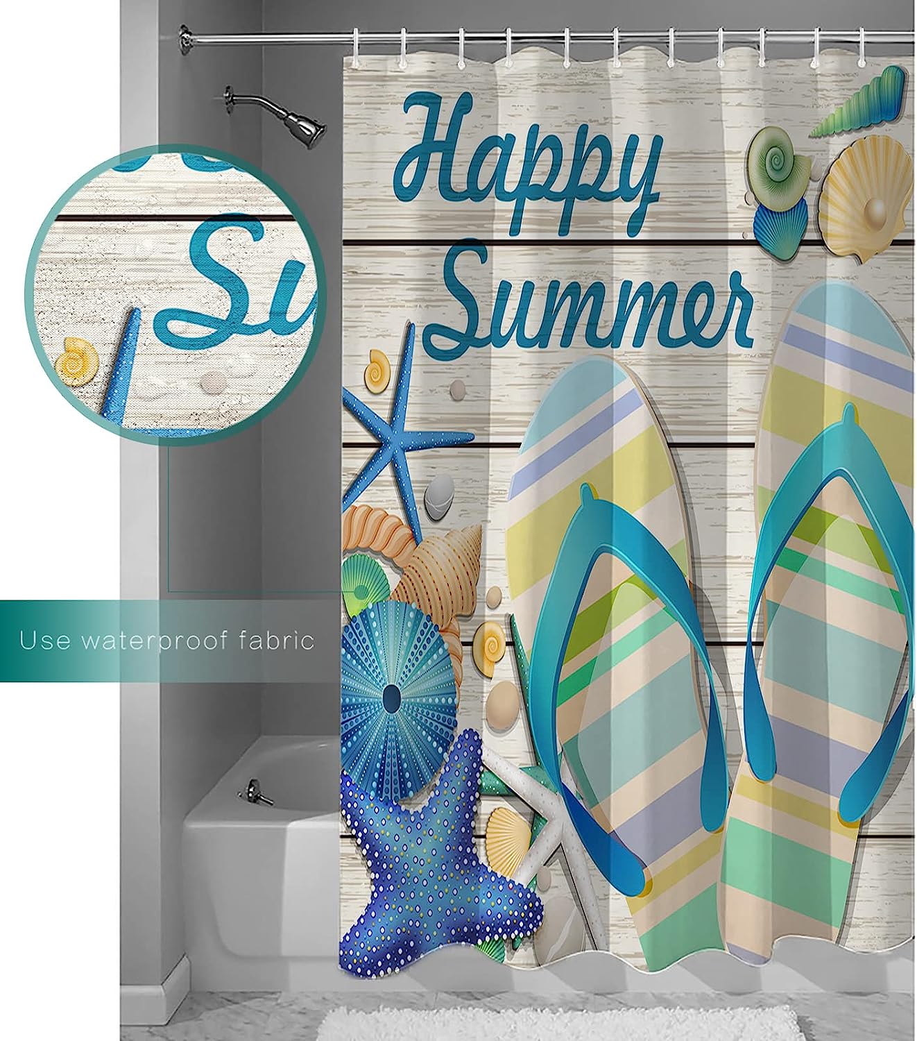 Summer Inspired: Seashell Starfish Urchin Wood Grain Shower Curtain - Image 3