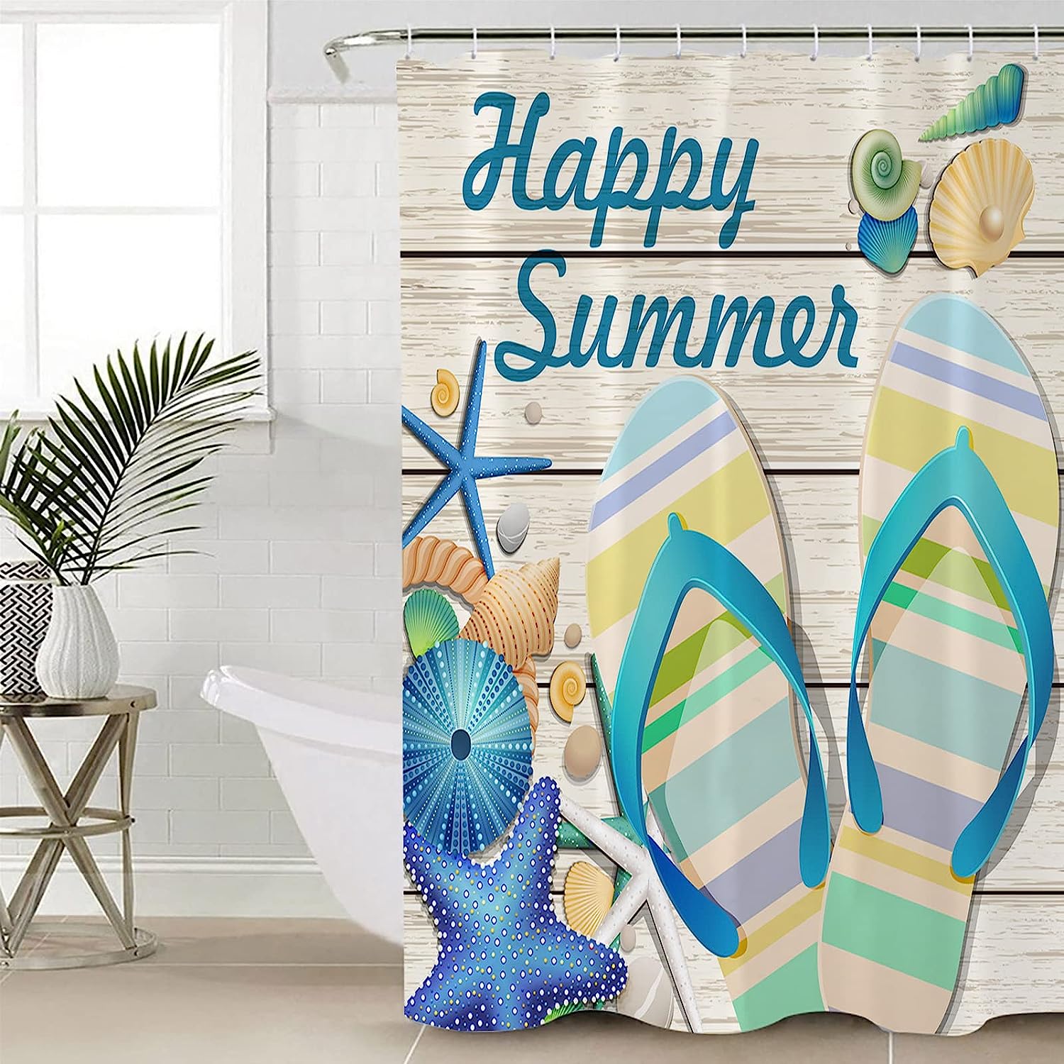 Summer Inspired: Seashell Starfish Urchin Wood Grain Shower Curtain - Image 4