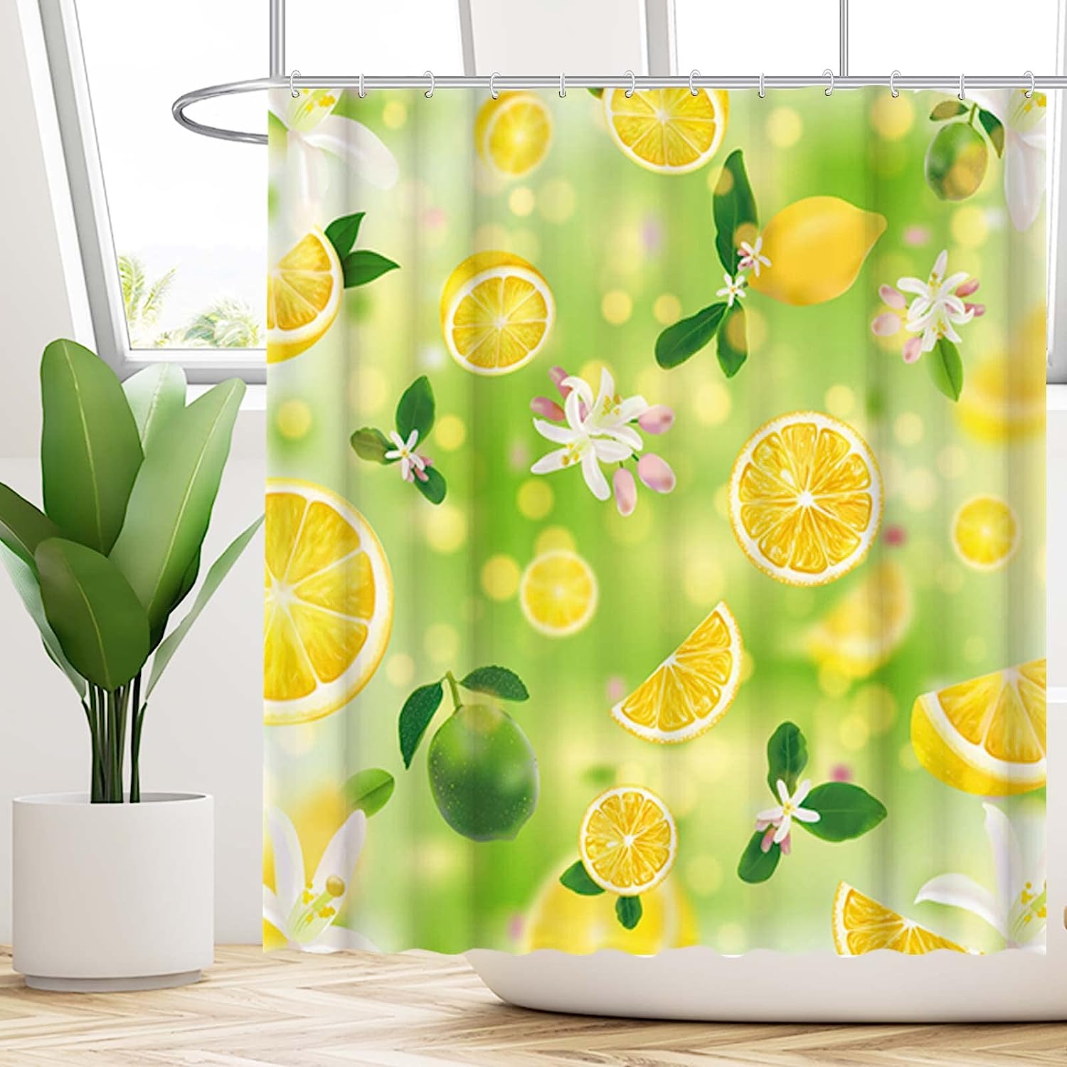 Summer Lemon Shower Curtain With Bokeh Print For A Fresh And Bright Bathroom