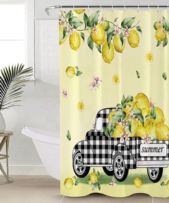 Summer Lemon Truck Shower Curtain, Buffalo Check Plaid Bath Decor