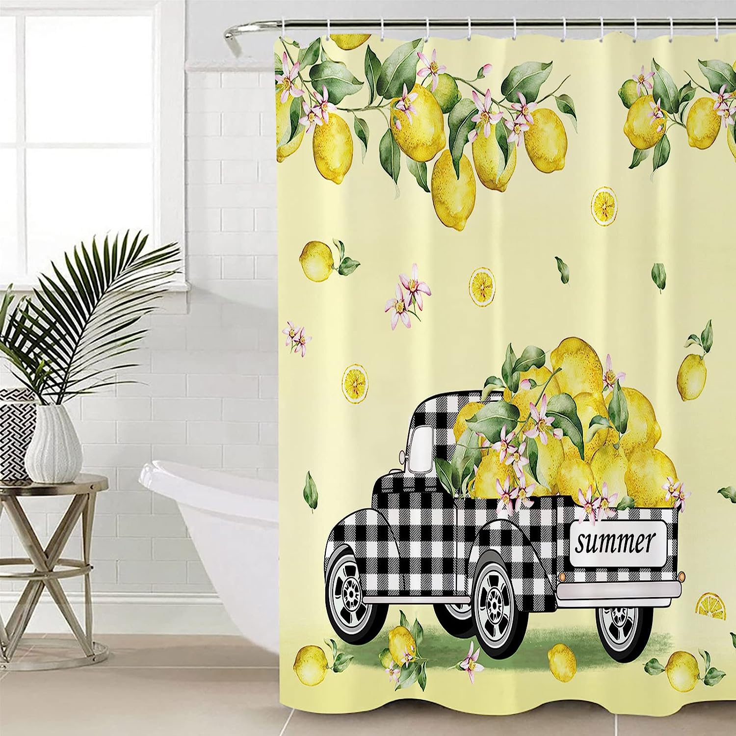 Summer Lemon Truck Shower Curtain, Buffalo Check Plaid Bath Decor