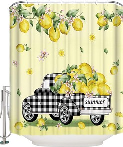 Summer Lemon Truck Shower Curtain, Buffalo Check Plaid Bath Decor
